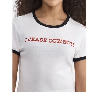 “ I chase cowboys” white tee with Black Trim